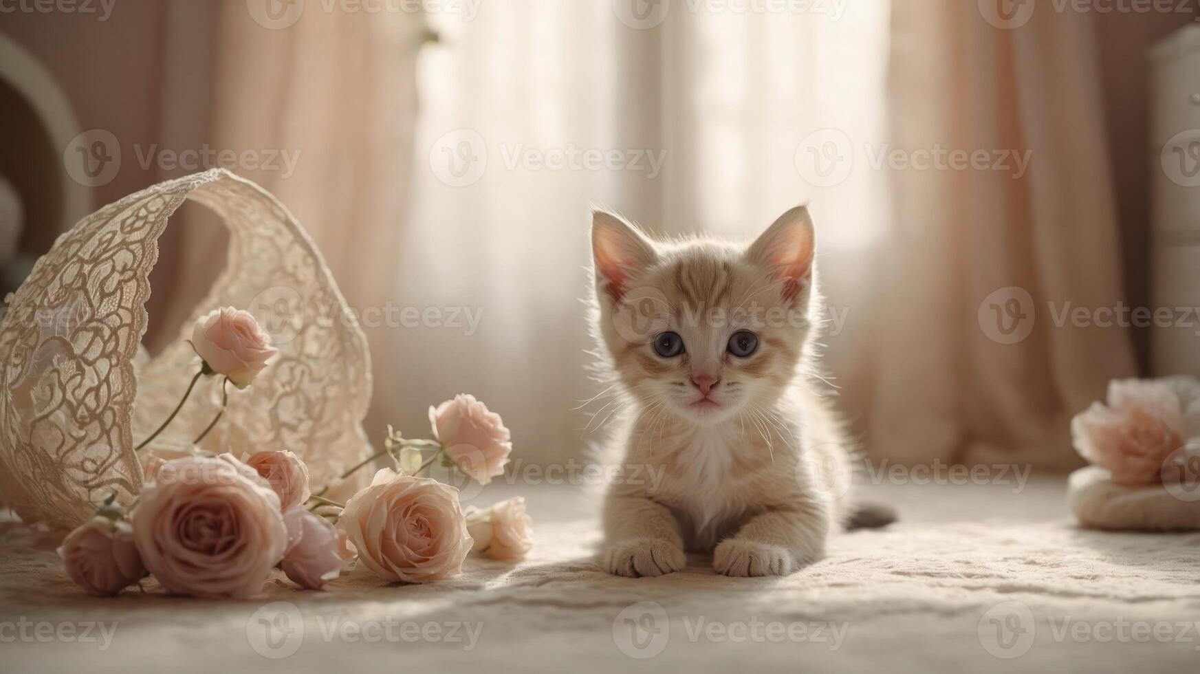 A playful kitten surrounded by soft roses in a cozy, sunlit room. photo