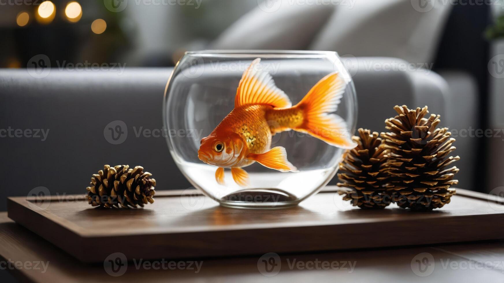 A goldfish swims in a bowl surrounded by pinecones on a wooden table in a cozy setting. photo