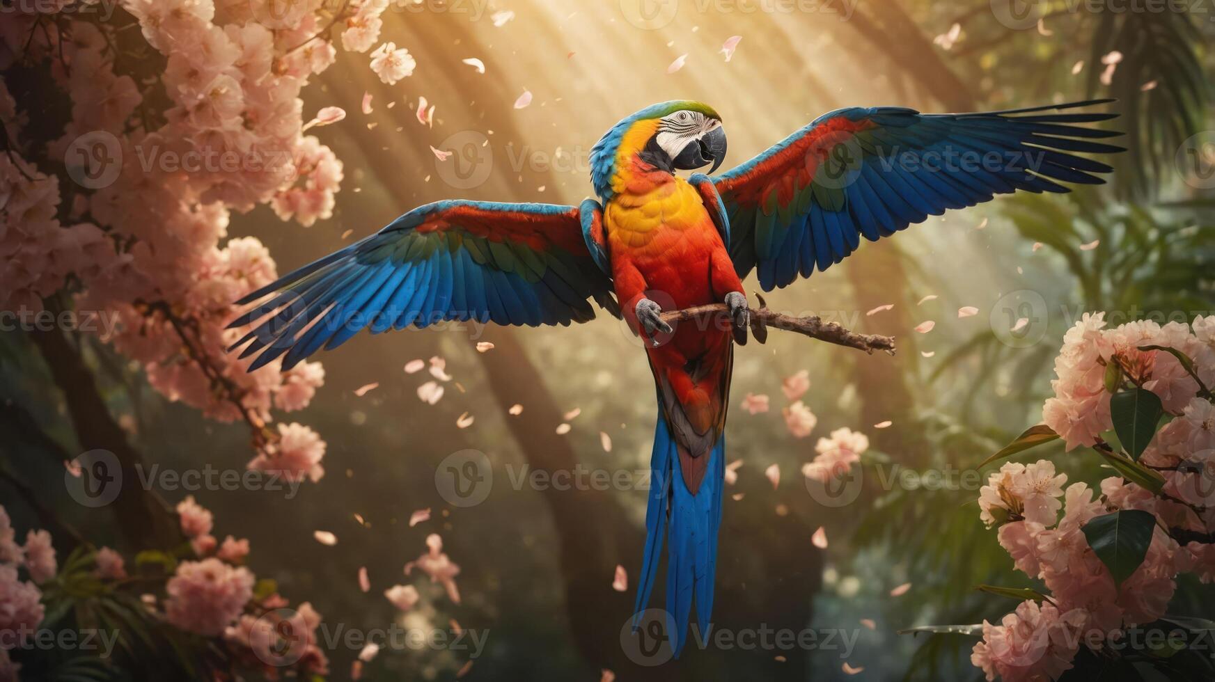 A vibrant macaw in flight amidst a lush, blossoming forest with soft sunlight filtering through. photo