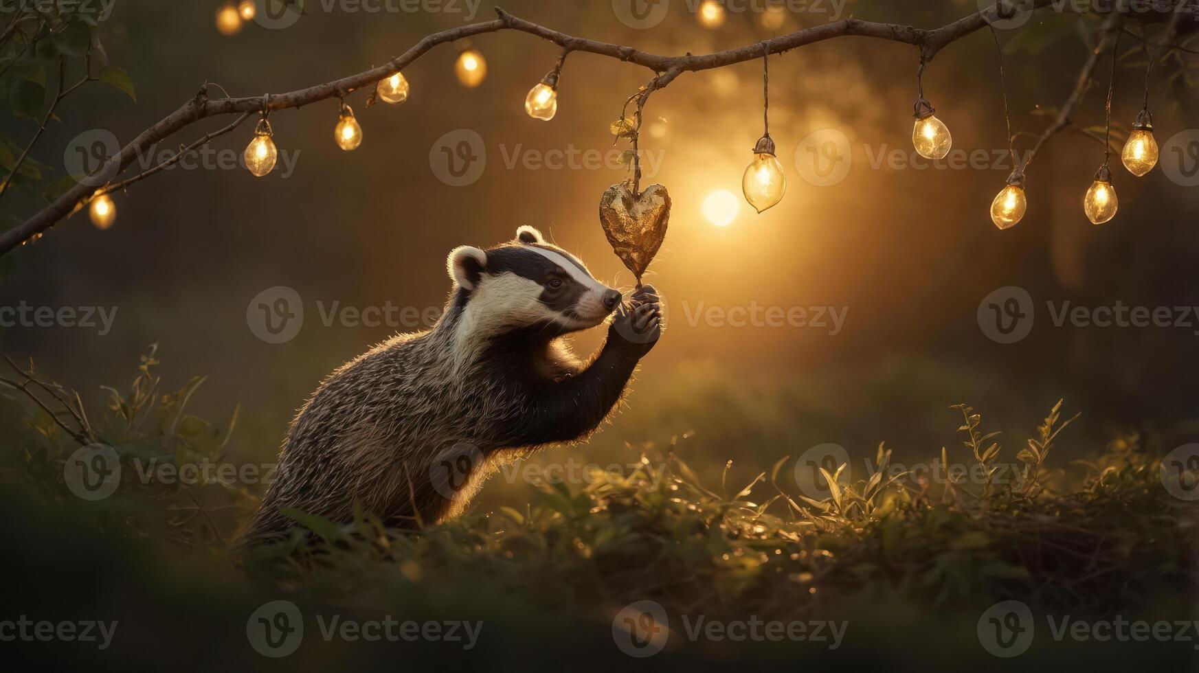 A badger holding a heart-shaped object under glowing lights at sunset. photo