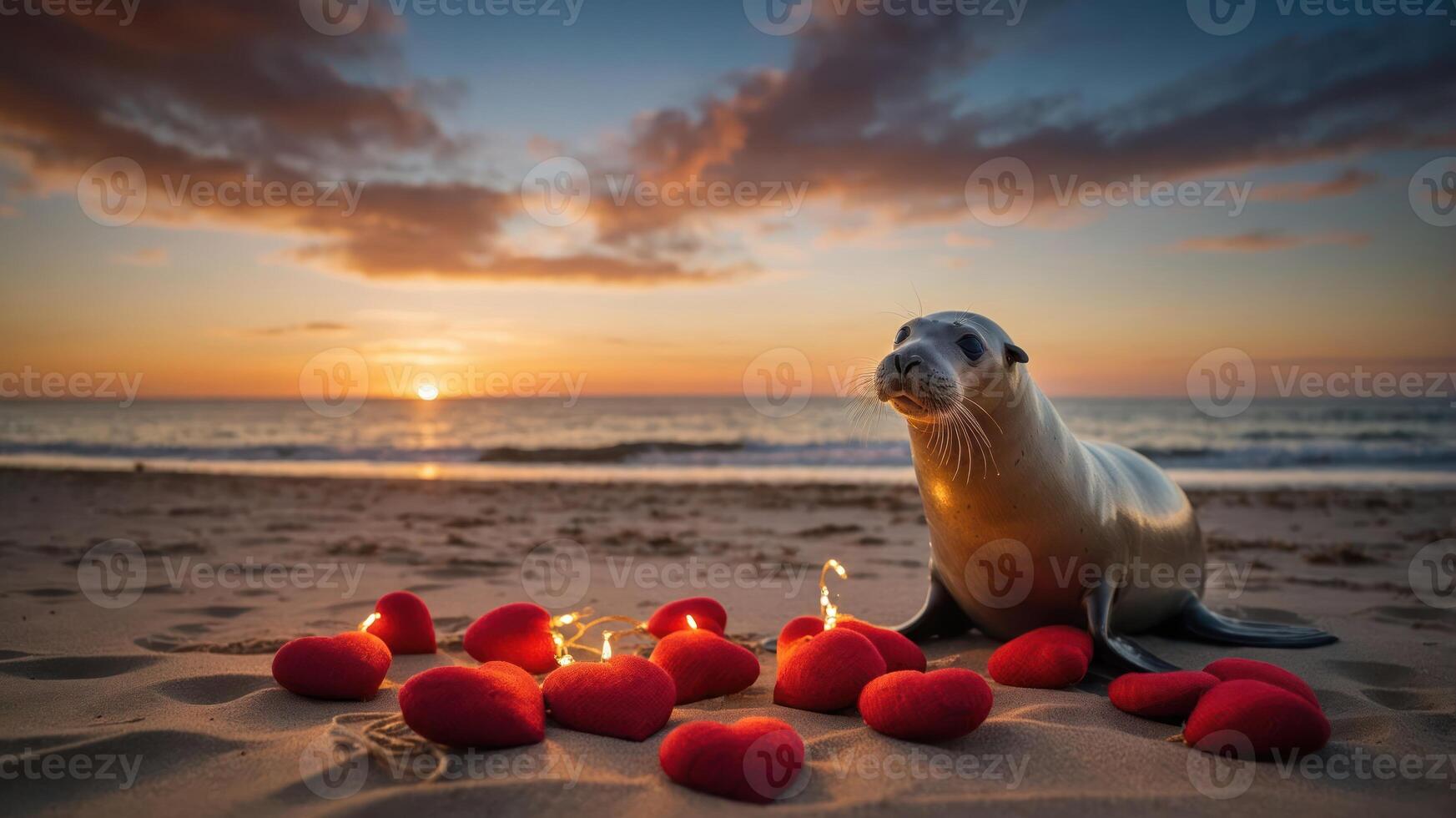 A seal on the beach surrounded by red hearts at sunset, conveying a romantic theme. photo
