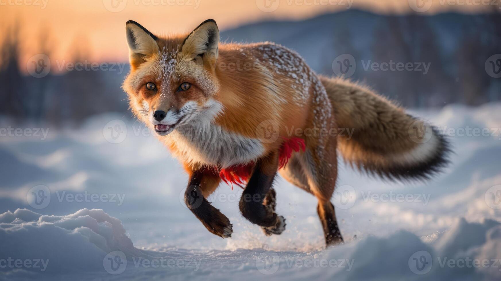 A red fox running through snow, showcasing its vibrant fur against a winter landscape. photo