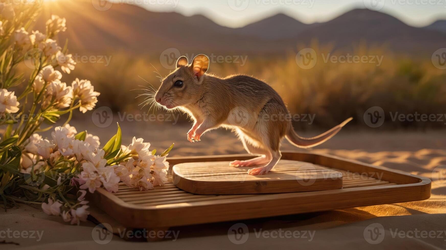 A small desert mouse leaps on a wooden tray surrounded by flowers in a sunlit landscape. photo