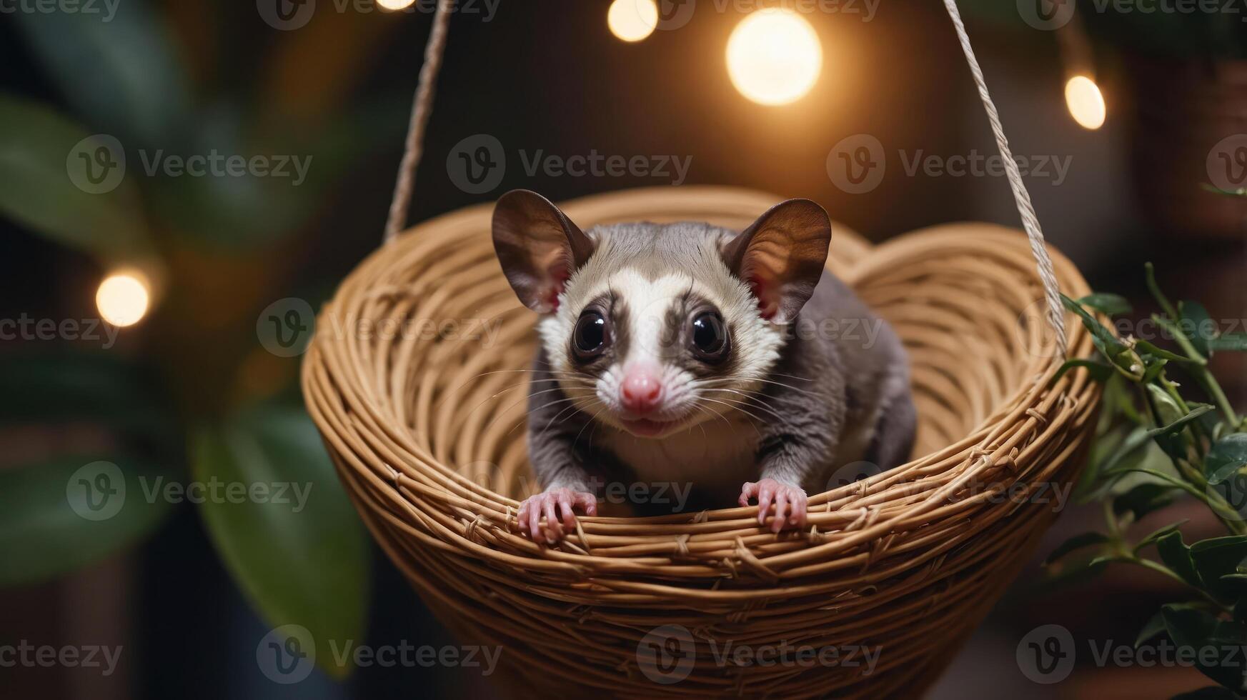 A cute sugar glider resting in a woven basket, surrounded by warm lights and greenery. photo