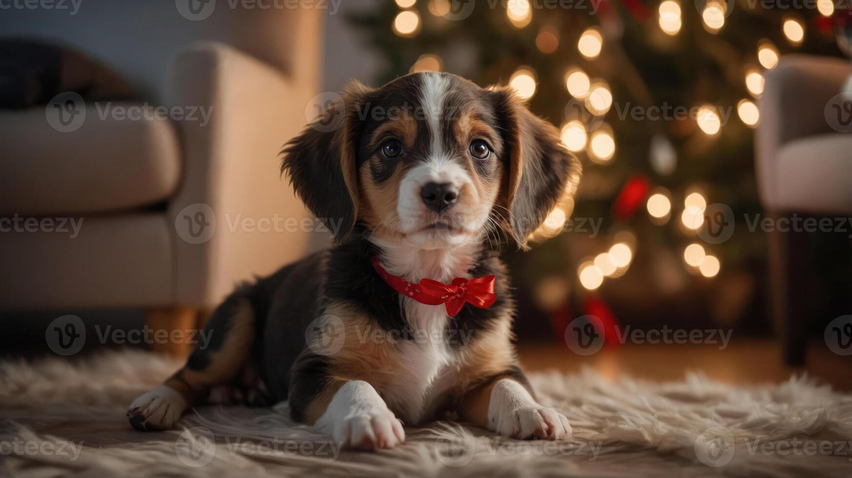 A cute puppy with a red collar sits on a rug in front of a decorated Christmas tree. photo