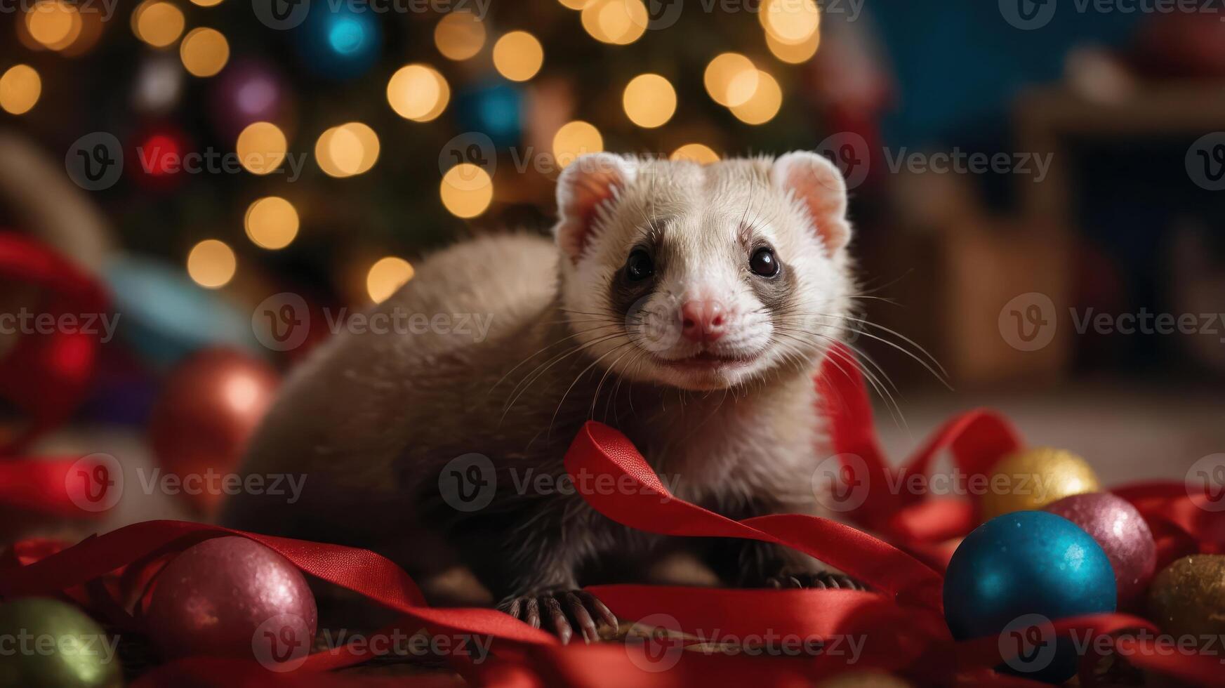 A playful ferret surrounded by festive decorations and ornaments. photo