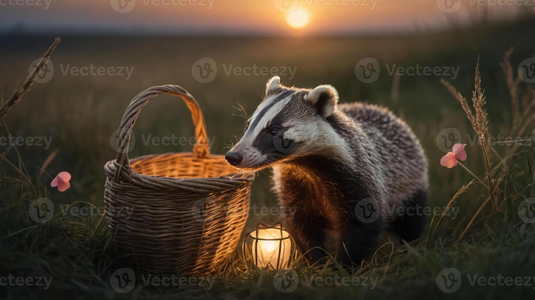 A badger near a woven basket and lantern at sunset in a grassy field. photo