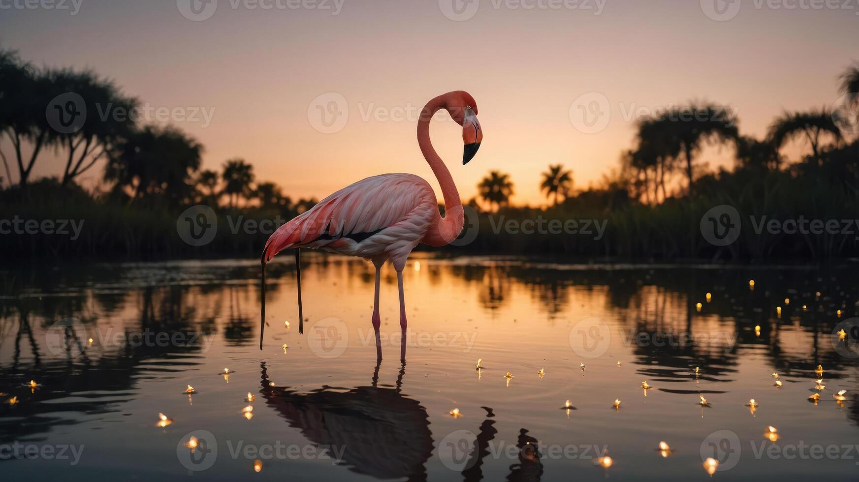 A serene flamingo stands in a tranquil water scene at sunset, reflecting nature's beauty. photo