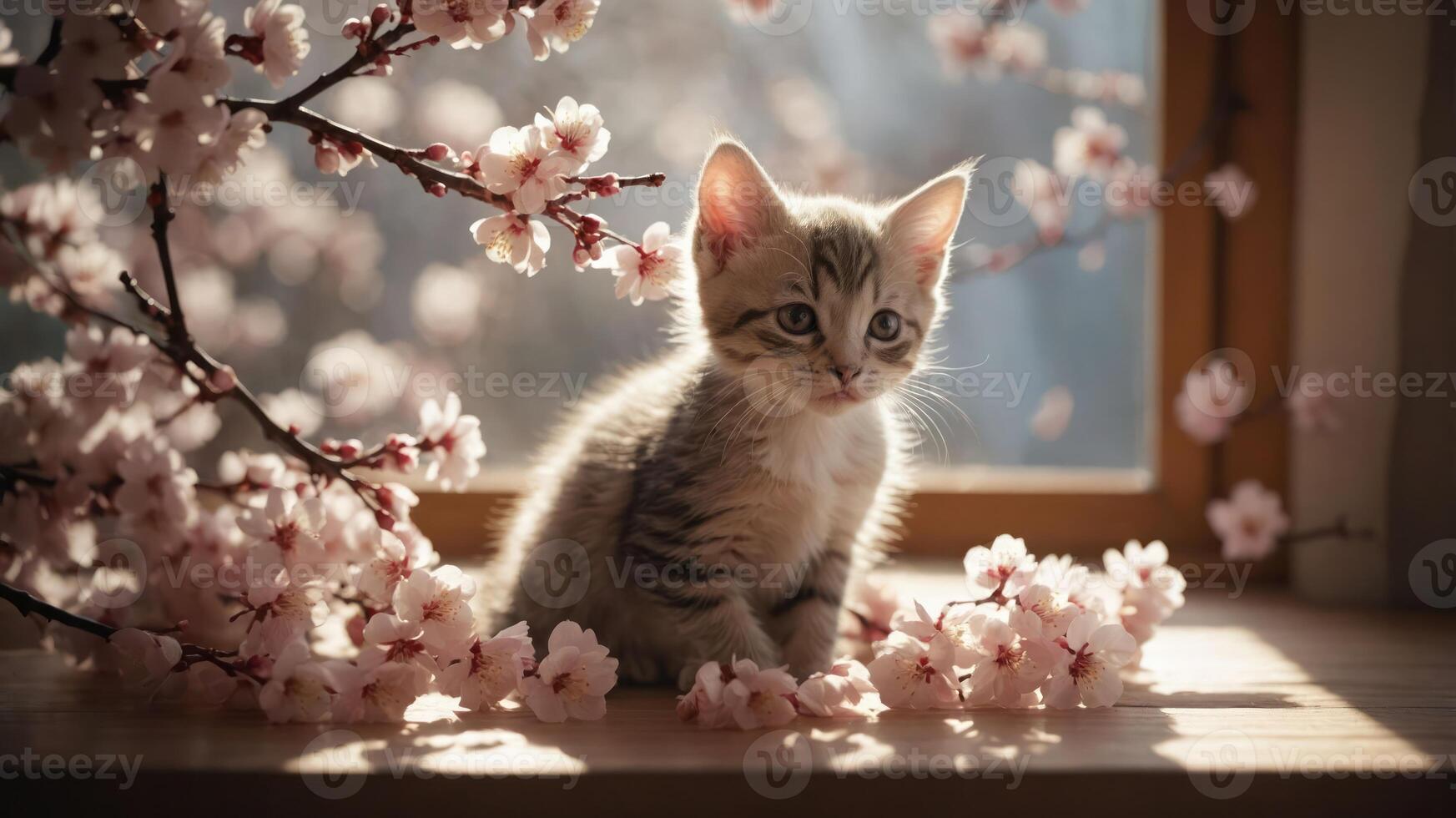 A playful kitten surrounded by cherry blossoms in soft sunlight by a window. photo