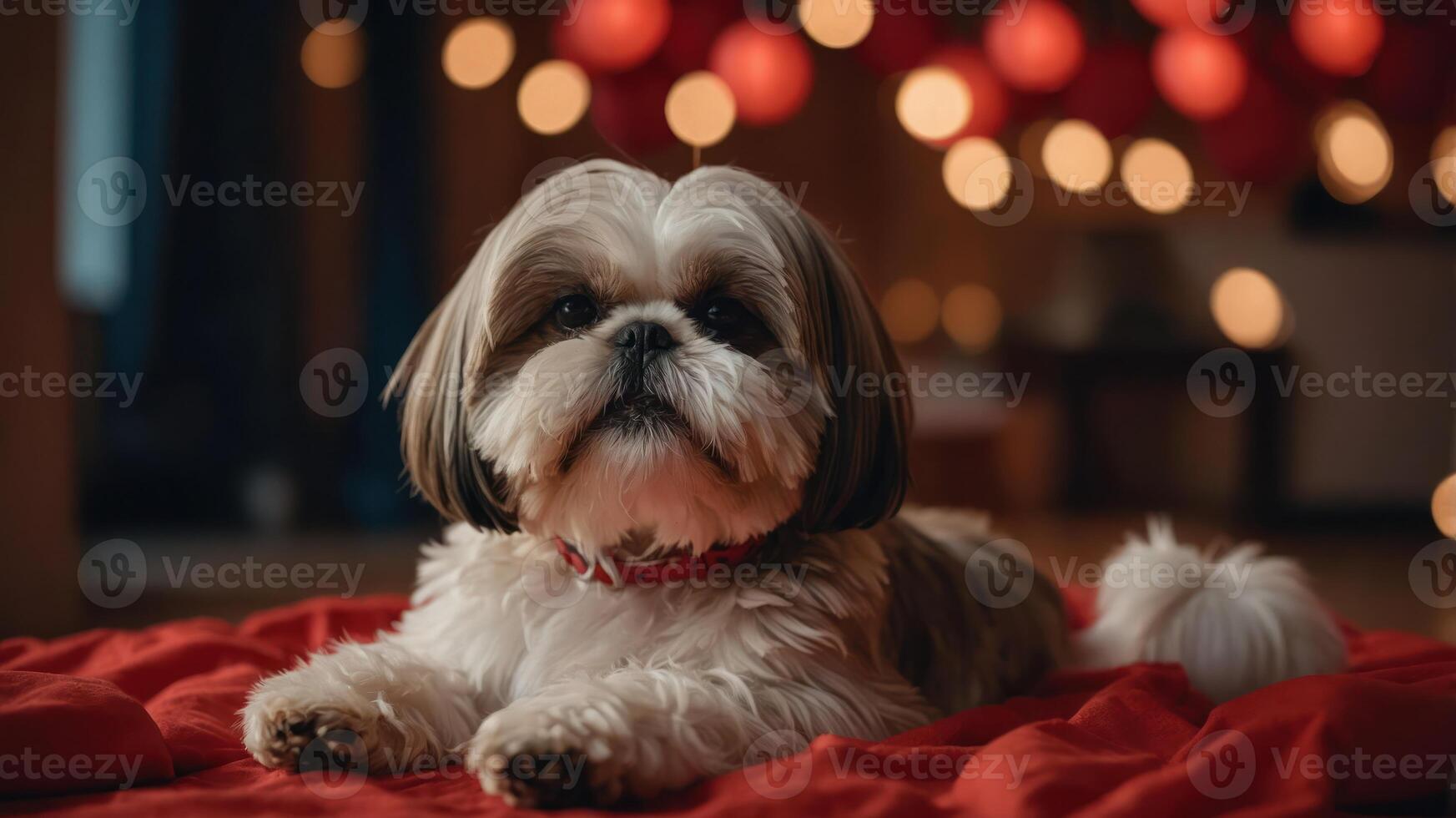 A Shih Tzu dog lies on a red blanket with soft bokeh lights in the background. photo