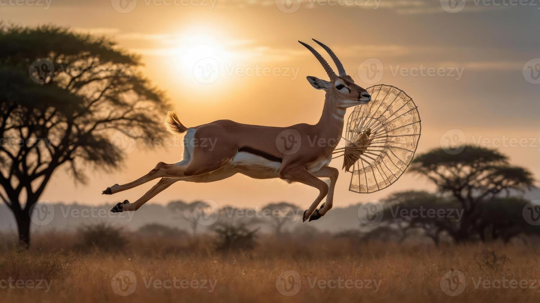 A gazelle leaps gracefully against a sunset backdrop, showcasing wildlife in motion. photo
