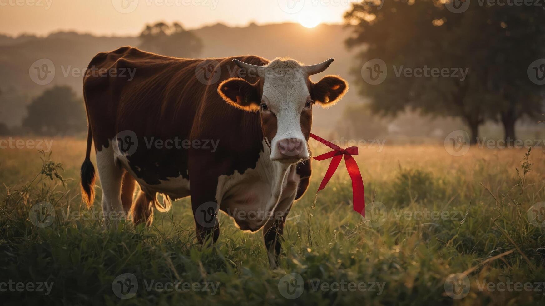 A cow with a red ribbon stands in a sunlit field at sunset. photo