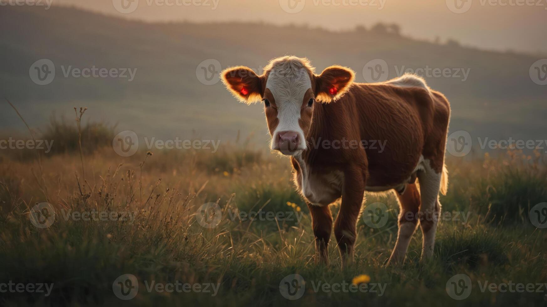 A calf stands in a sunlit field, surrounded by lush grass and gentle hills. photo