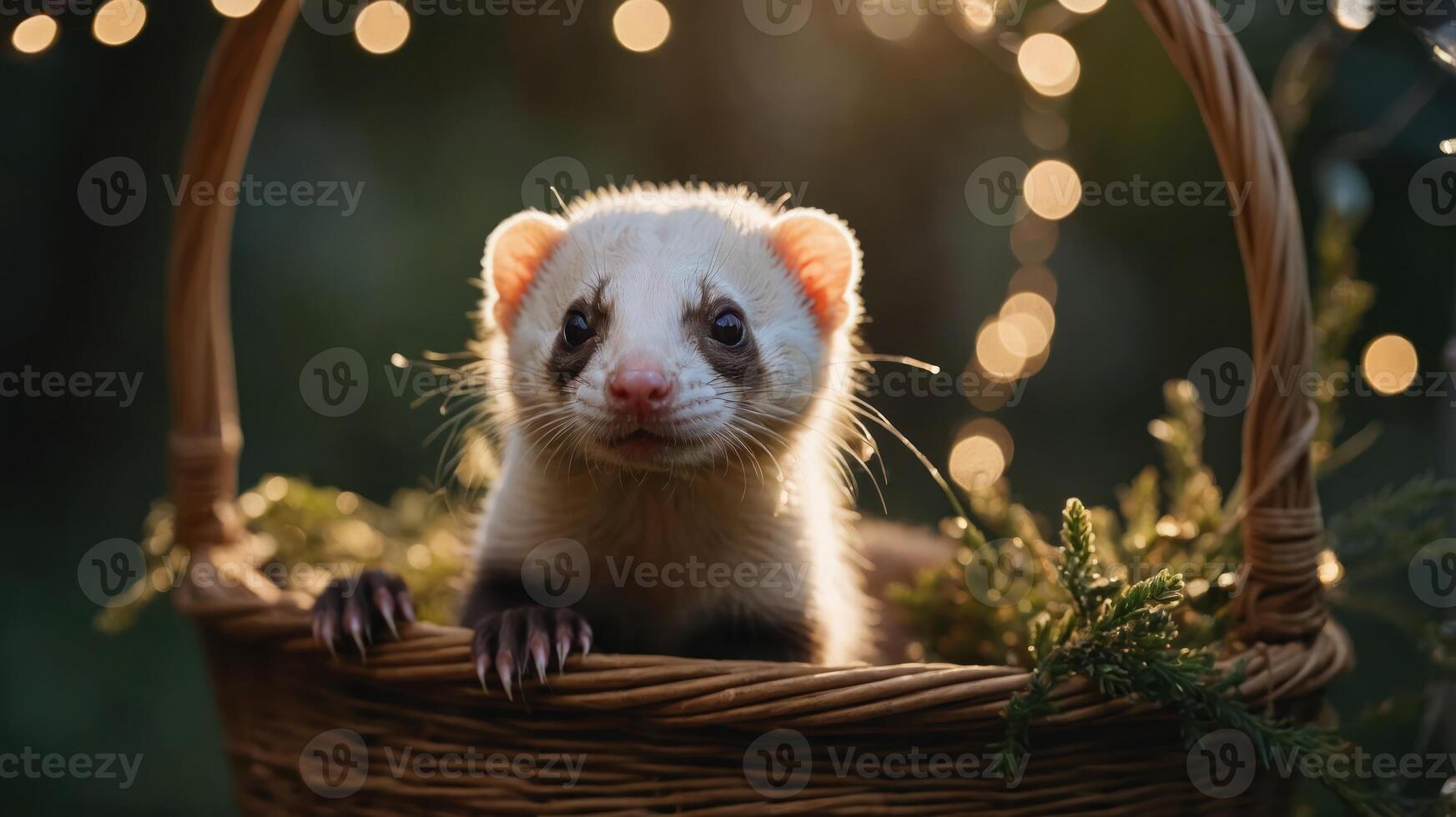 A cute ferret peeks out from a woven basket adorned with greenery and soft lights. photo