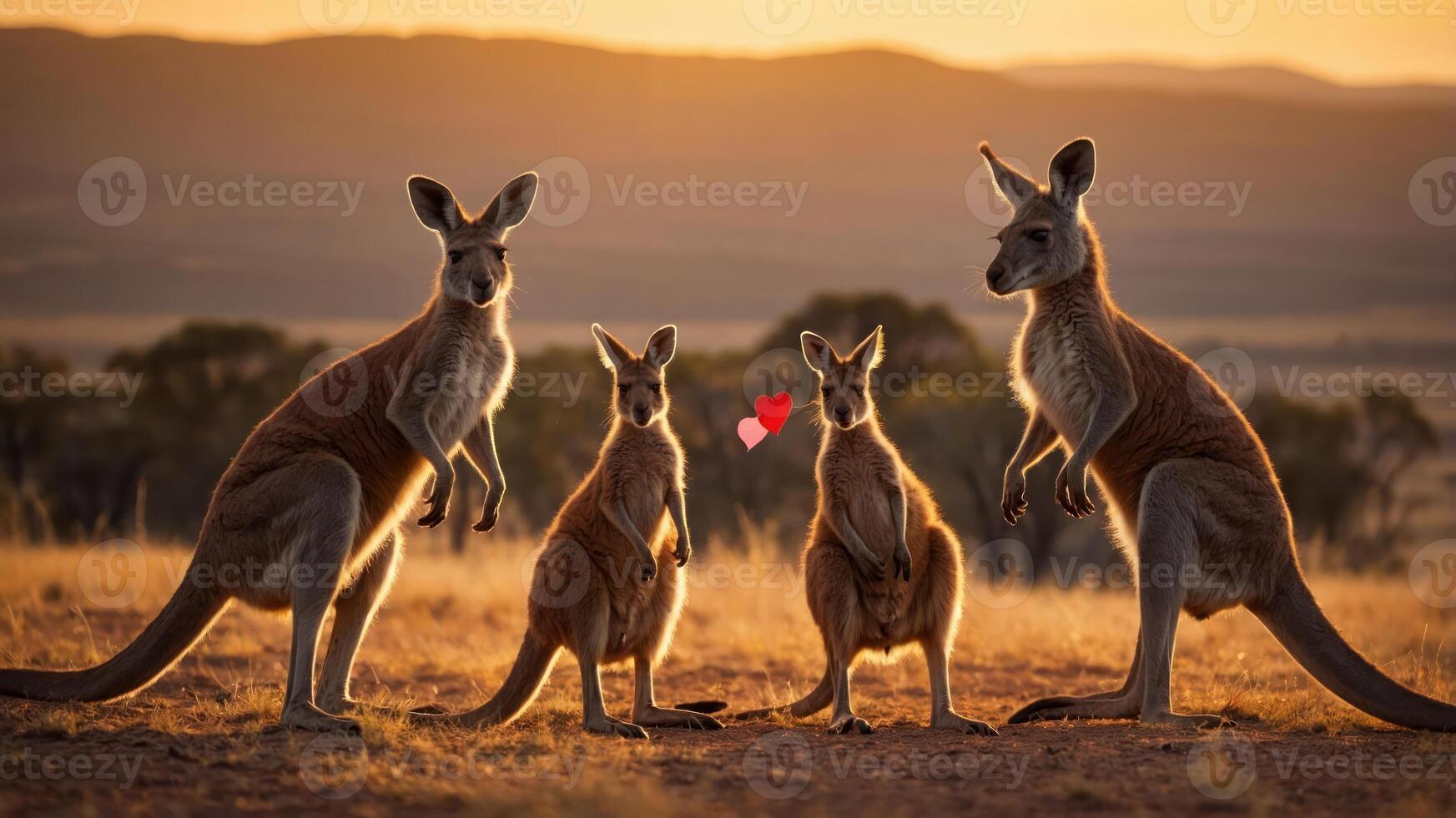 A group of kangaroos in a sunset landscape, showcasing a heart symbol between two. photo