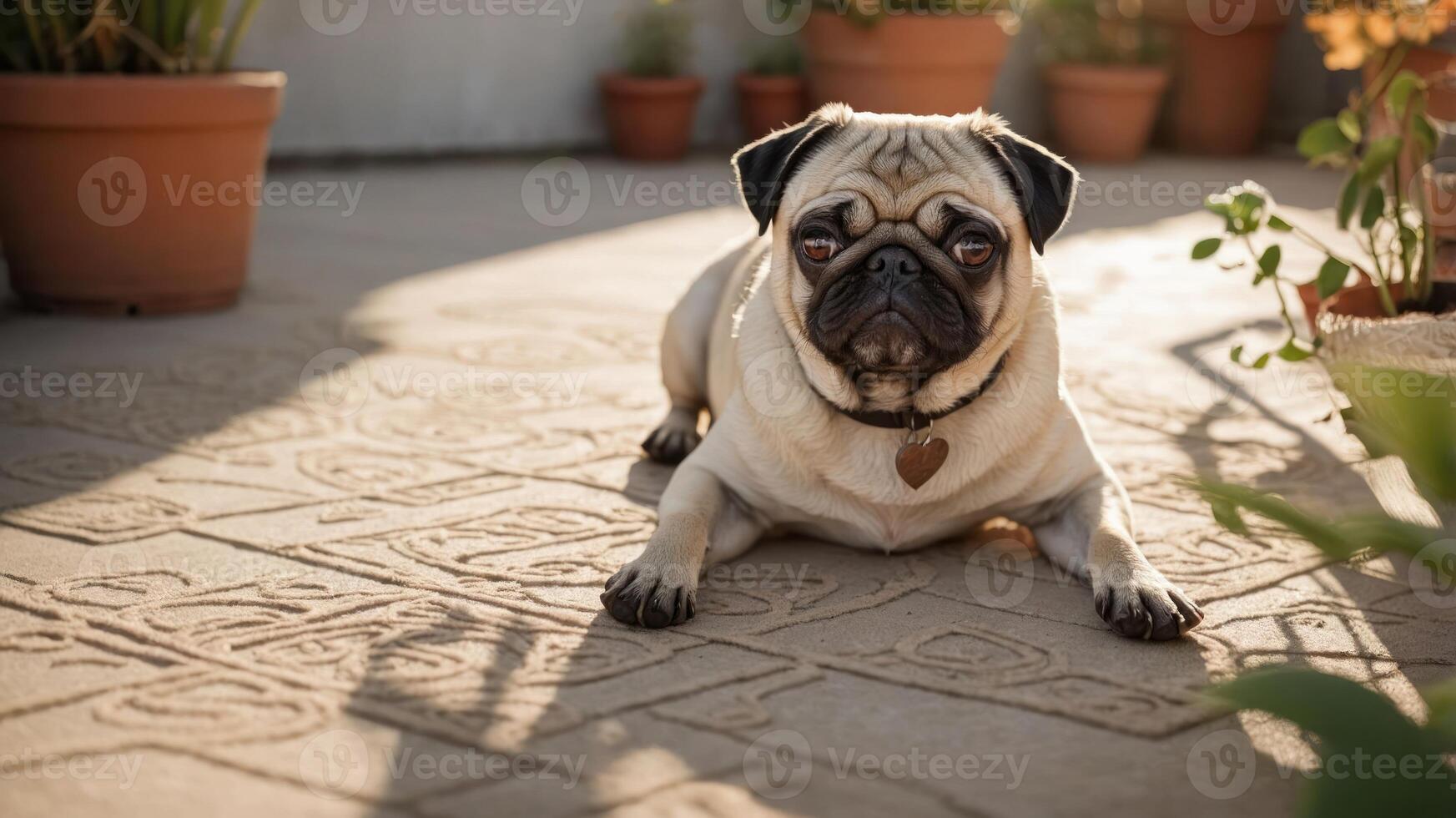 A pug resting on a patterned floor surrounded by potted plants in soft sunlight. photo