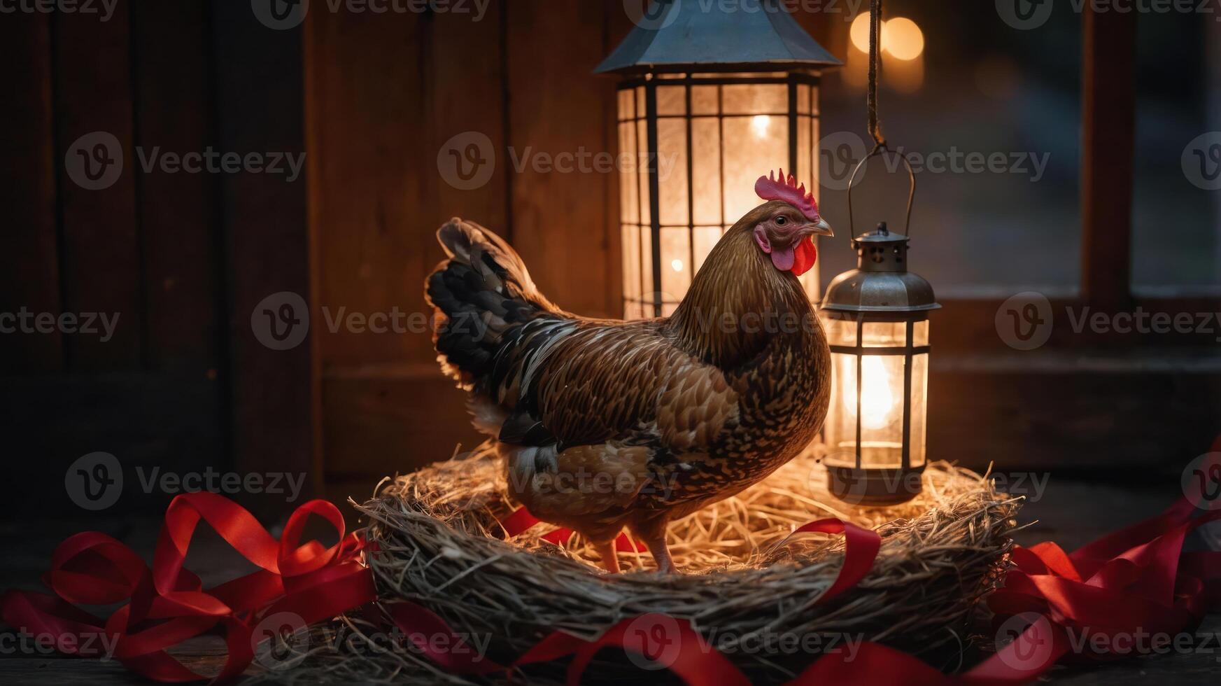 A chicken resting in a nest surrounded by lanterns and ribbons, creating a cozy atmosphere. photo