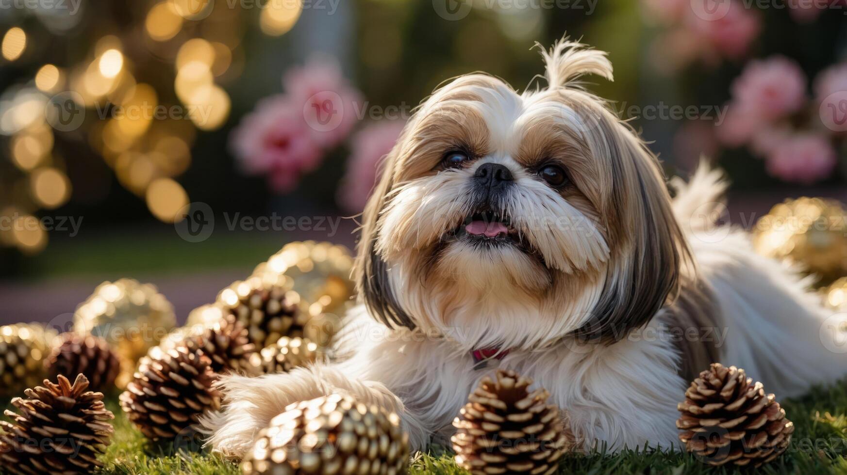 A Shih Tzu resting among pine cones, with a soft focus on flowers in the background. photo