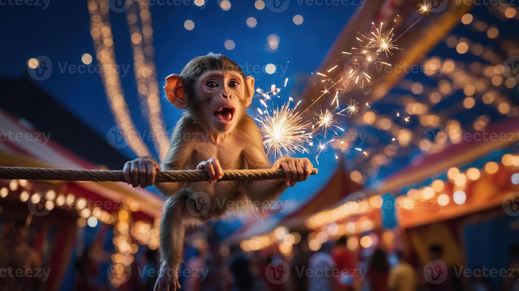 A playful monkey holding a sparkler at a festive outdoor event, surrounded by lights. photo
