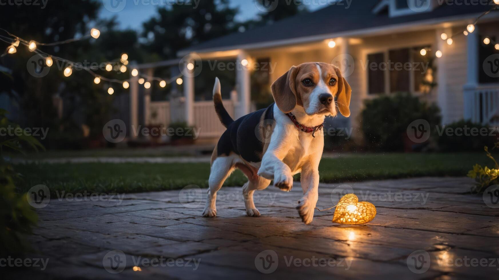 A beagle plays outside at dusk near a glowing heart-shaped decoration. photo