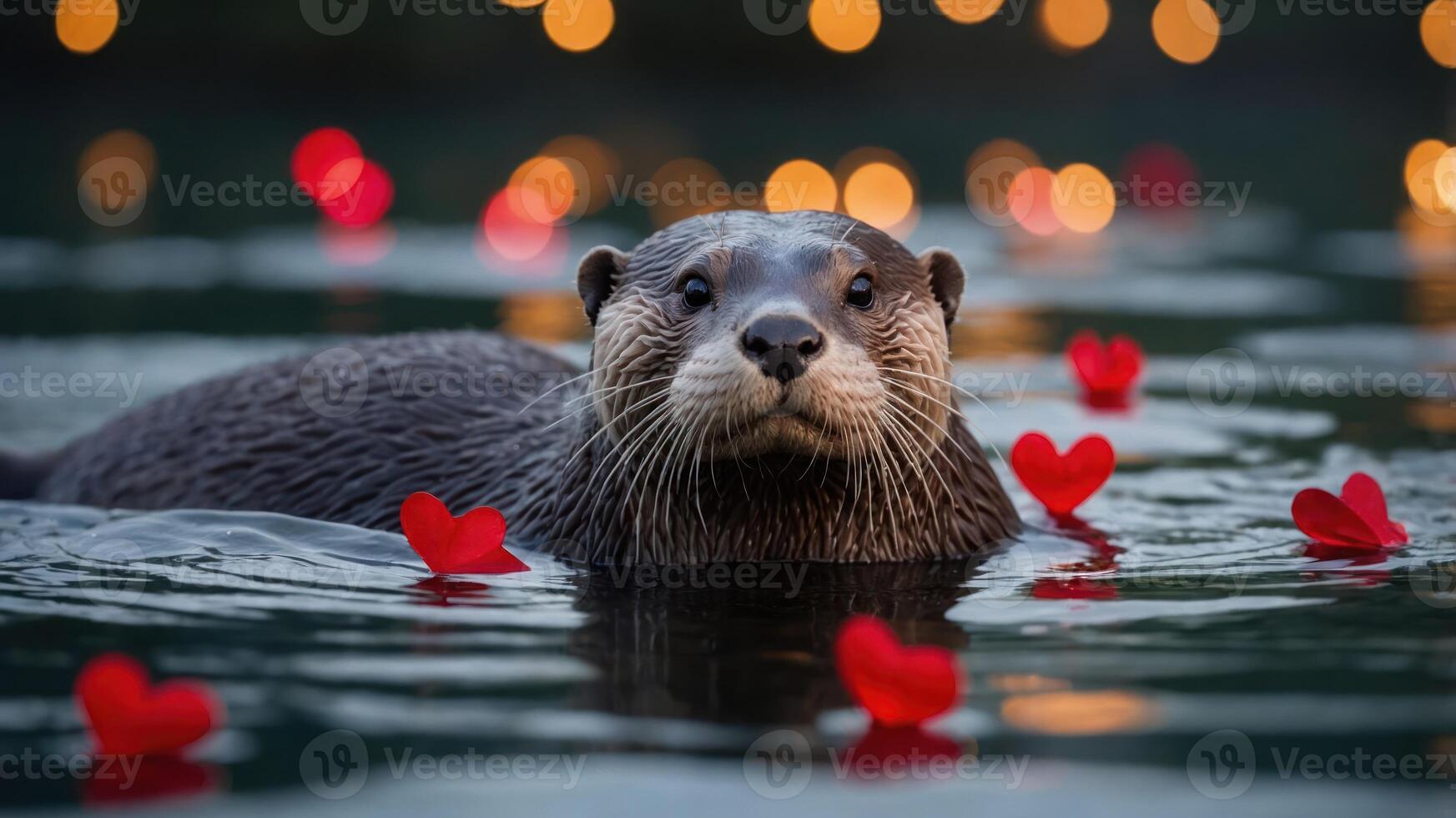 A playful otter surrounded by heart-shaped decorations in a serene water setting. photo