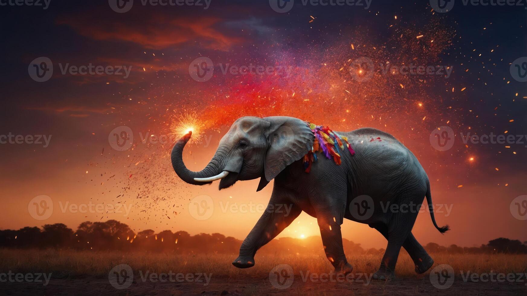 An elephant adorned with colorful decorations walks against a vibrant sunset backdrop. photo