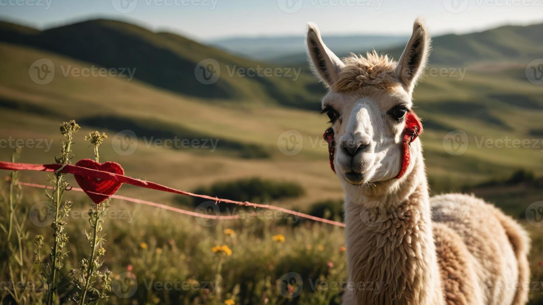 A llama with red accessories stands in a scenic landscape filled with greenery and hills. photo