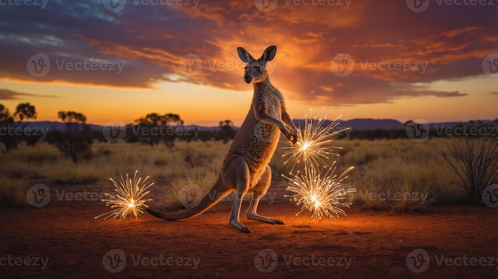 A kangaroo holding sparklers at sunset in an Australian landscape. photo