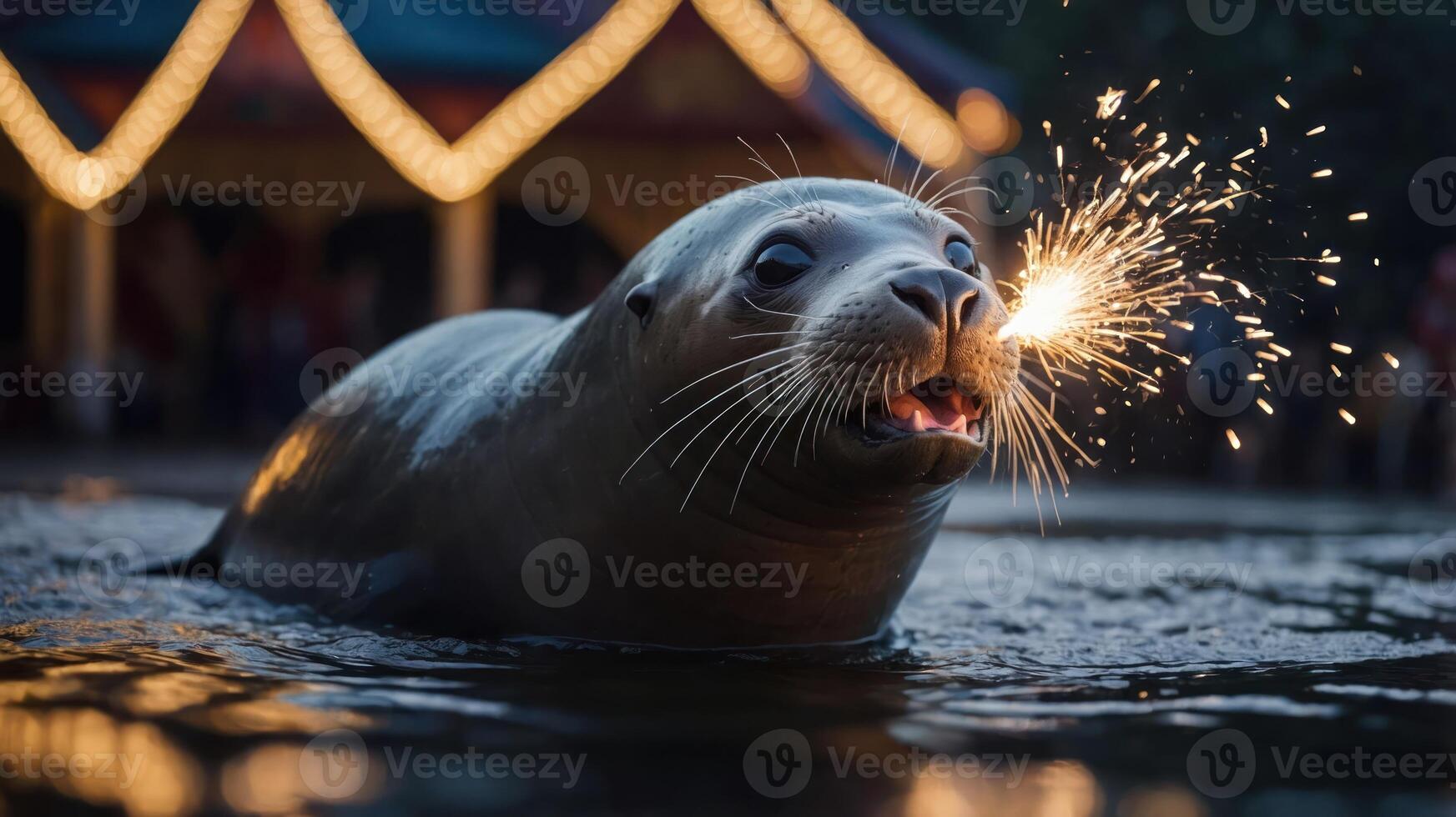 A seal playfully spouts a sparkler from its mouth in a festive setting. photo