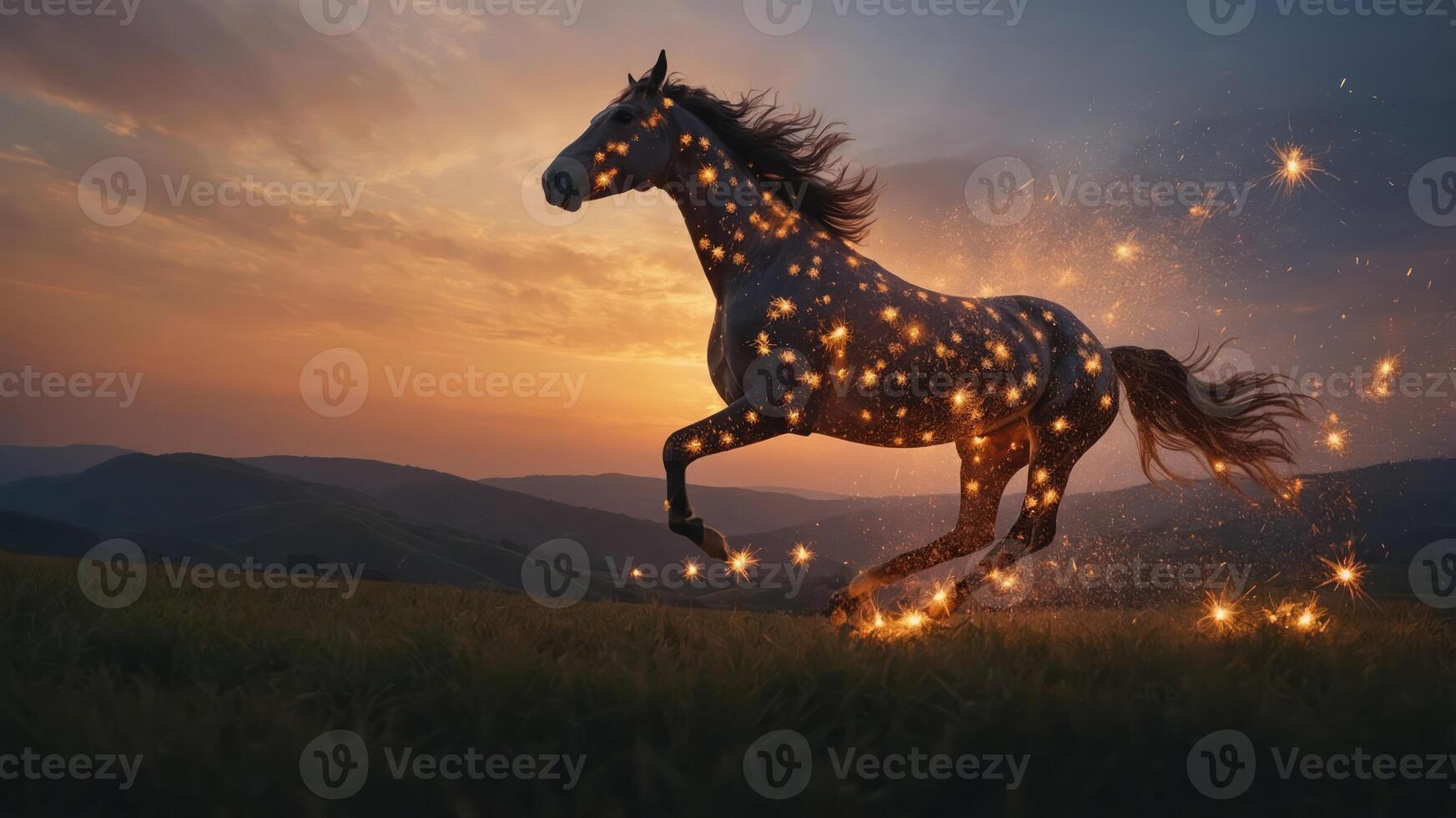 A majestic horse galloping through a field, surrounded by sparkling lights at sunset. photo