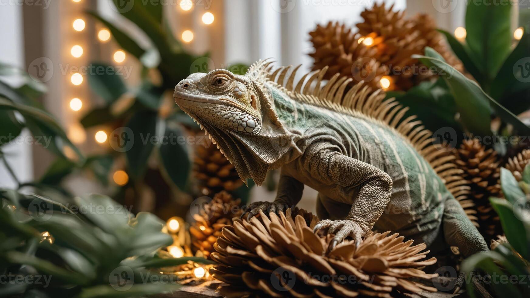 A close-up of an iguana among pine cones and greenery, illuminated by soft lights. photo