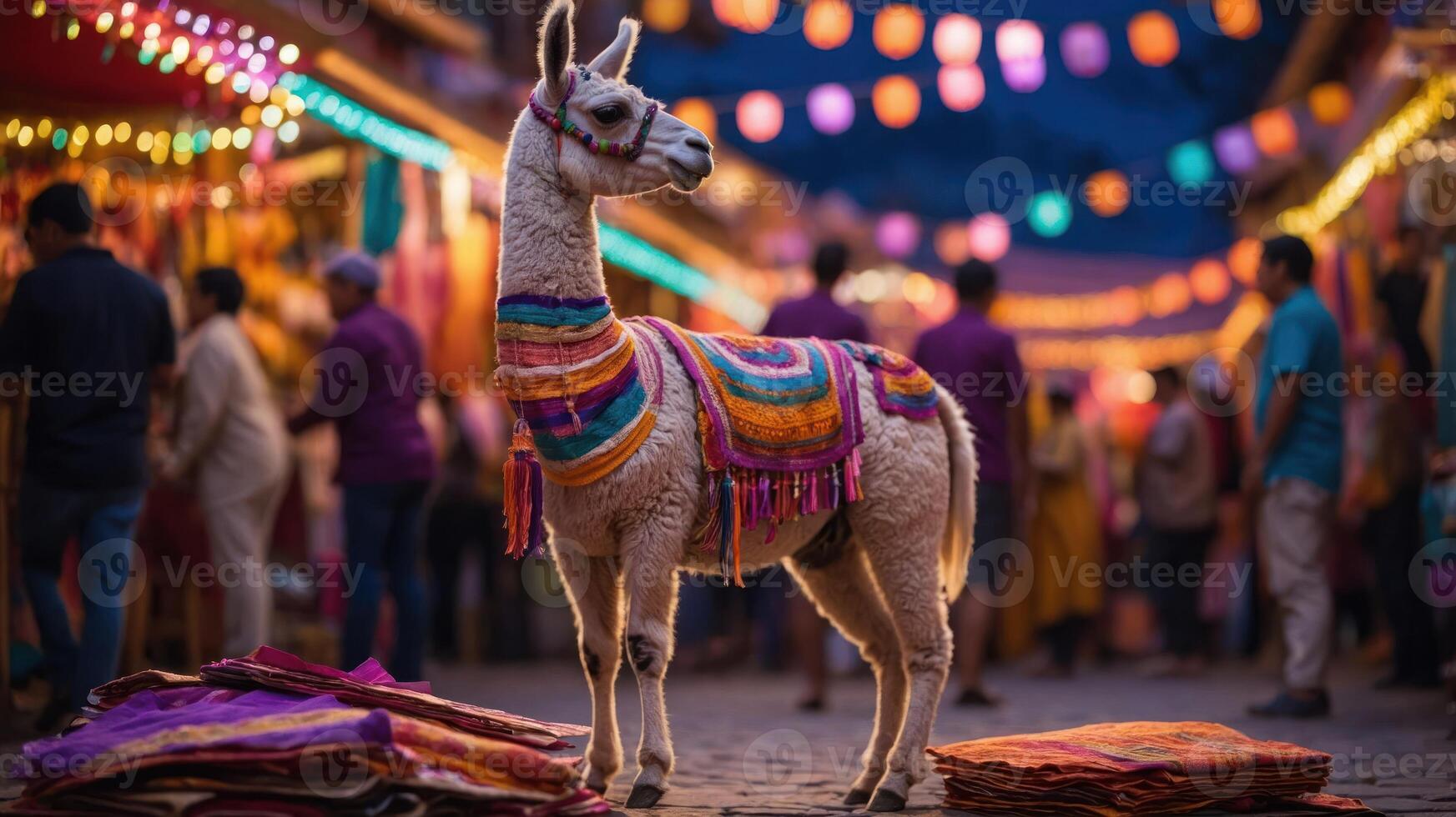 A decorated llama stands in a vibrant market filled with colorful lights and people. photo