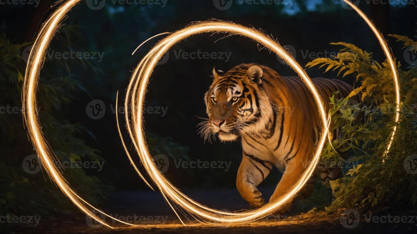 A tiger walks through glowing circles in a dark, lush environment. photo