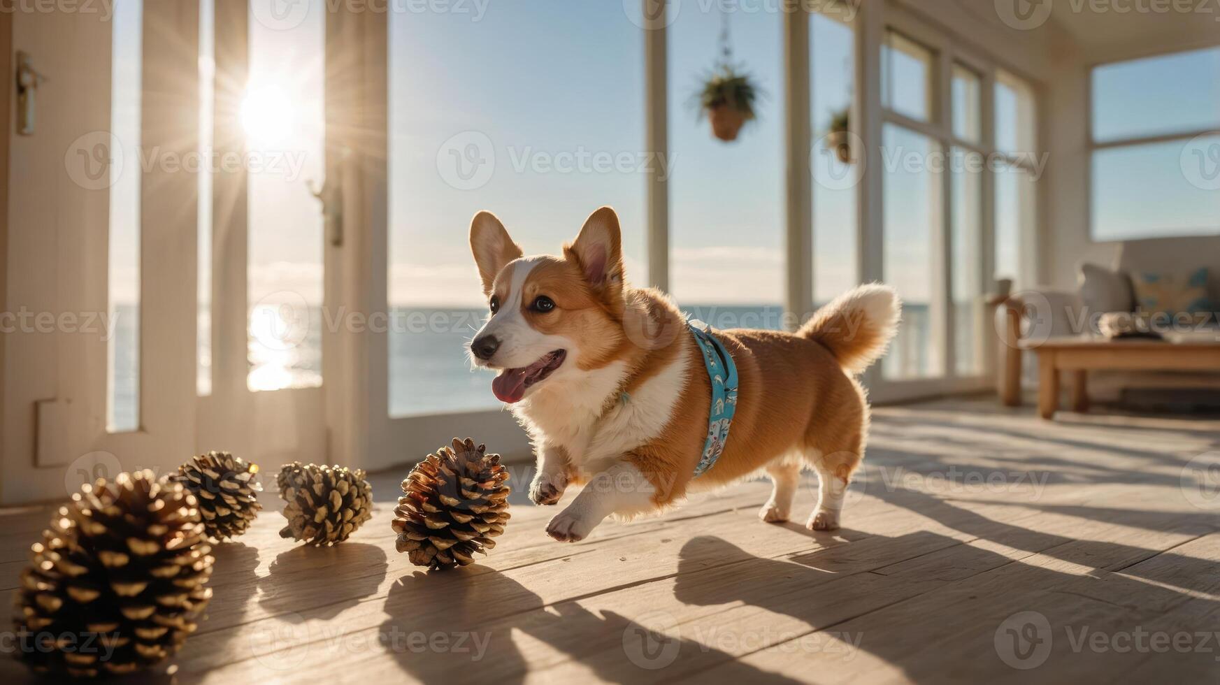 A playful corgi runs joyfully on a sunlit deck by the sea, surrounded by pine cones. photo