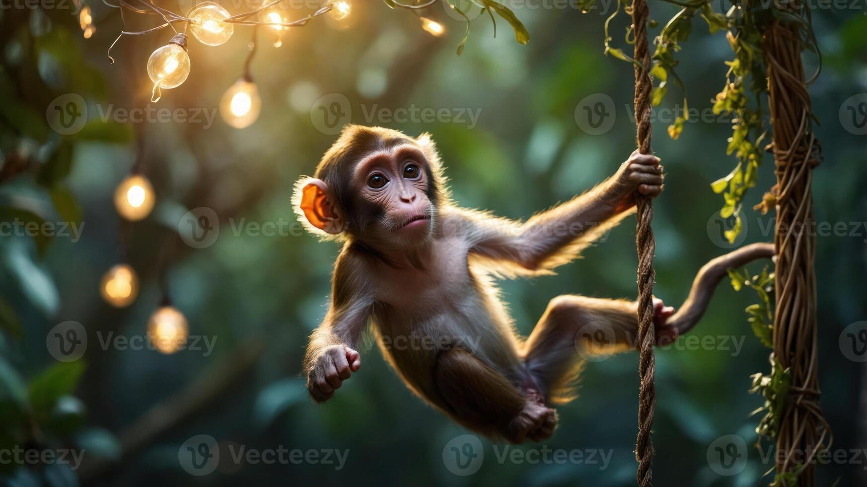 A playful monkey swings on a rope amidst lush greenery and twinkling lights. photo