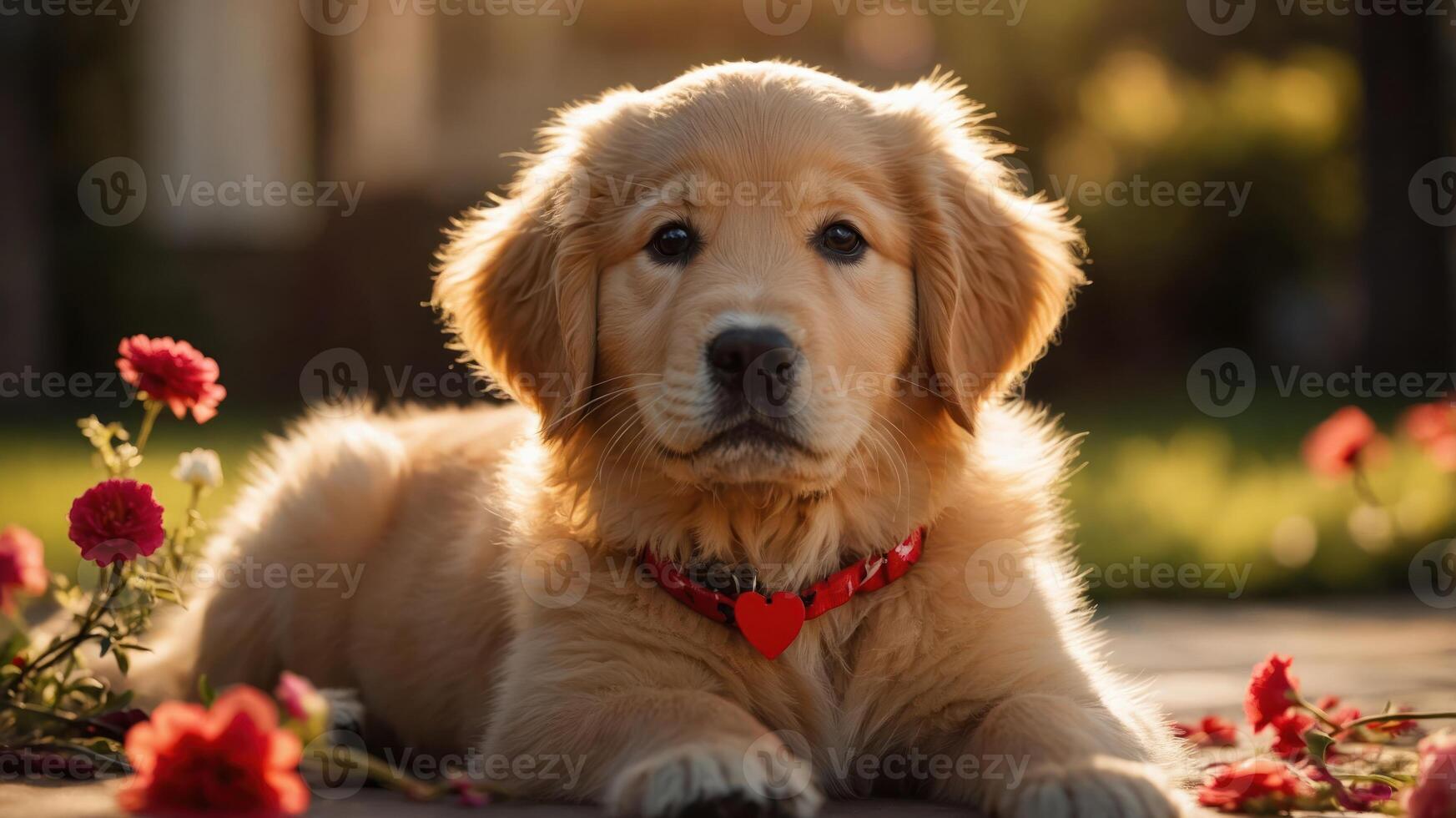 A golden retriever puppy sitting among flowers, exuding cuteness and warmth. photo