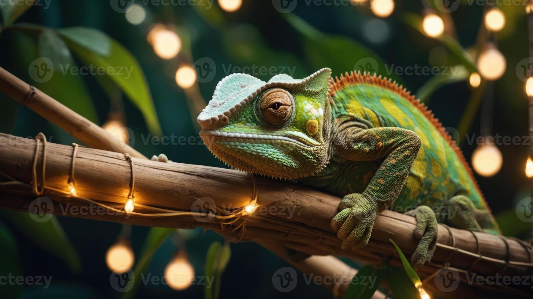 A vibrant chameleon resting on a branch adorned with glowing lights in a lush environment. photo