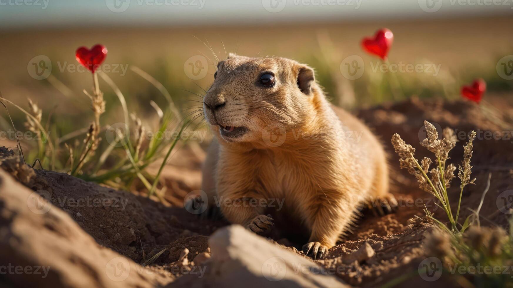 A prairie dog sits among grass and heart-shaped decorations in a serene landscape. photo