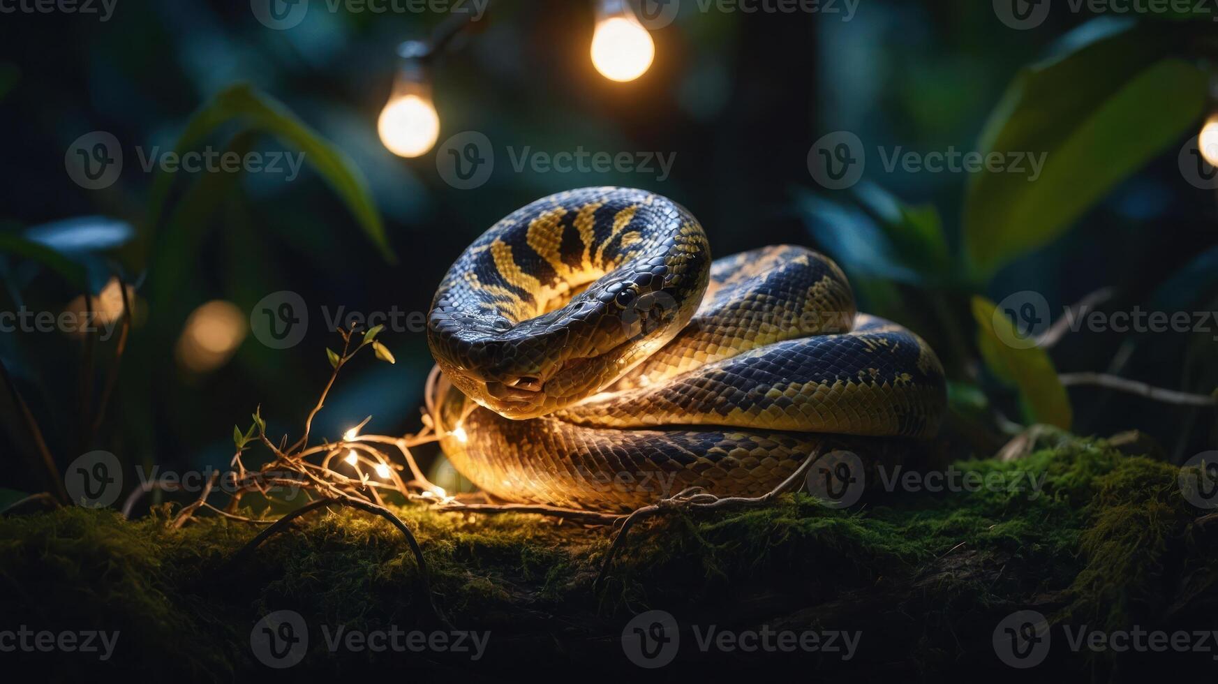 A coiled snake illuminated by soft lights, resting on moss in a lush, dark environment. photo