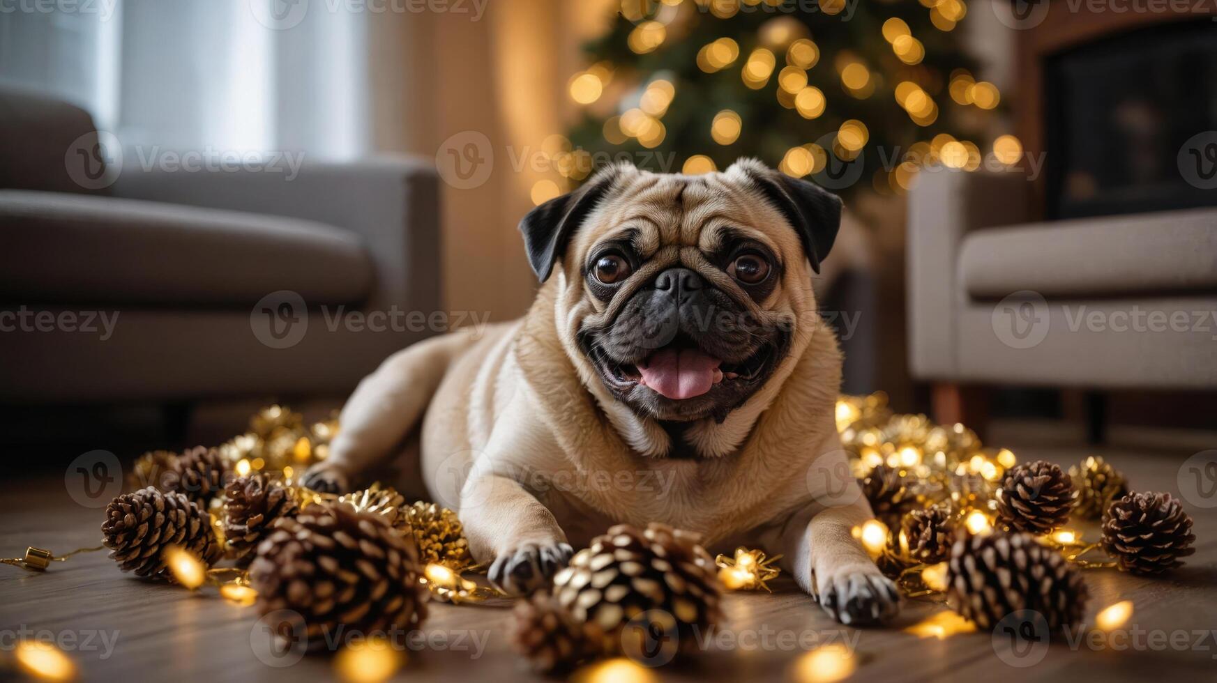 A happy pug surrounded by pine cones and fairy lights, set in a cozy holiday atmosphere. photo