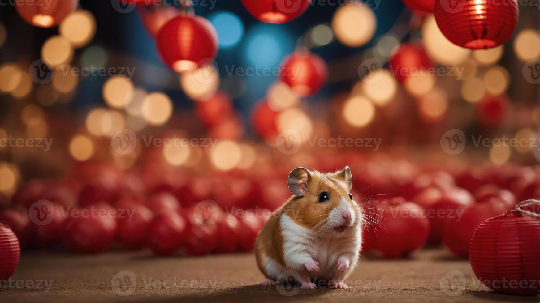 A cute hamster in a festive setting with glowing lanterns and vibrant bokeh lights. photo