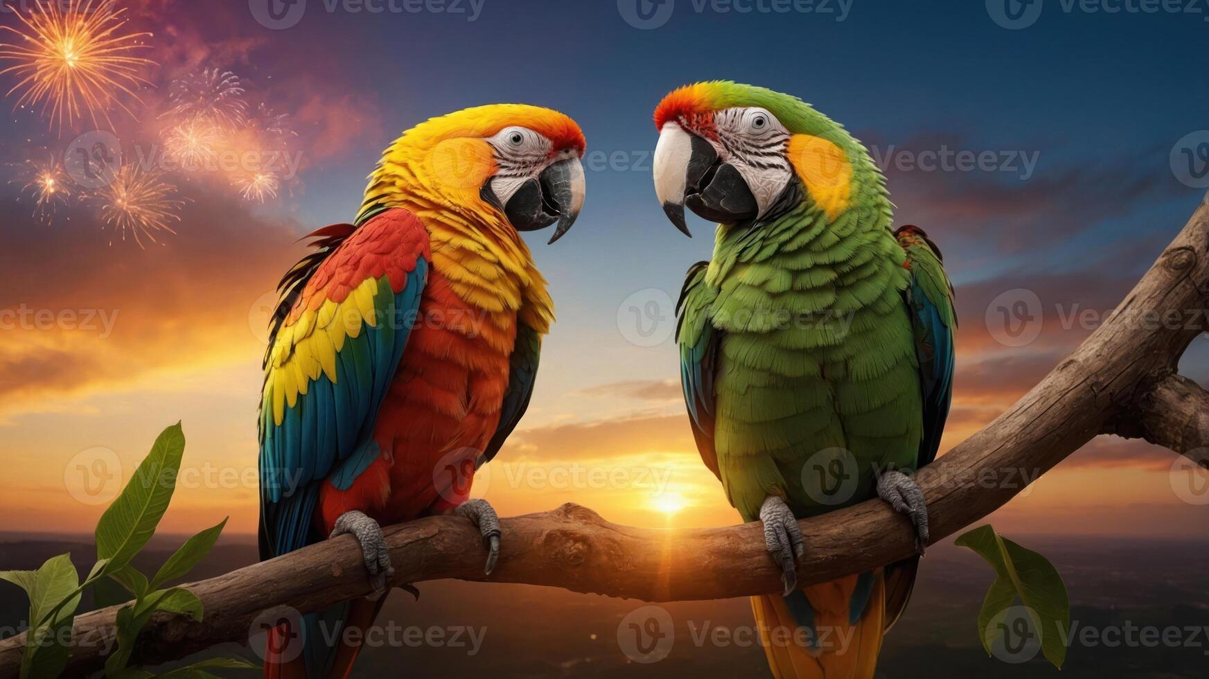 Two colorful parrots perched on a branch during a sunset with fireworks in the background. photo