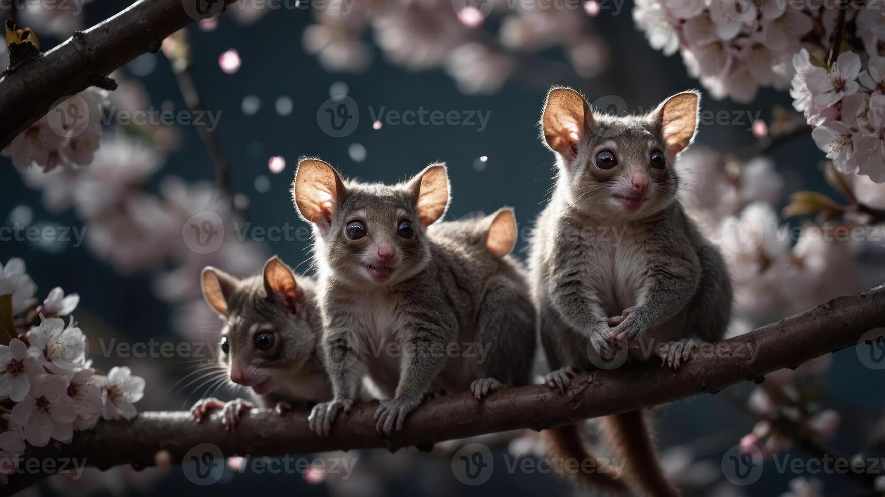 Three small marsupials perched on a branch surrounded by cherry blossoms. photo