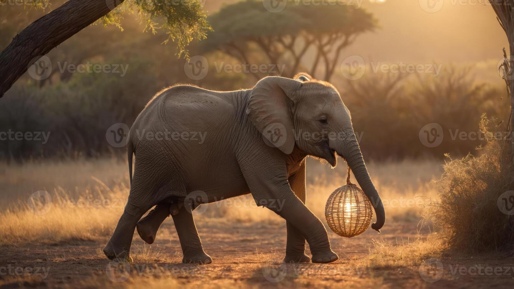 An elephant walks gracefully at sunset, carrying a decorative lantern. photo