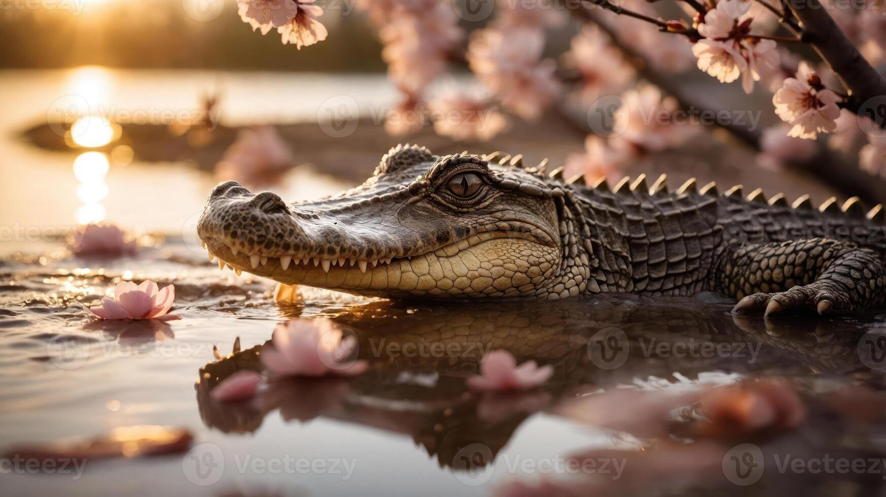A crocodile resting in a serene water setting surrounded by cherry blossoms. photo