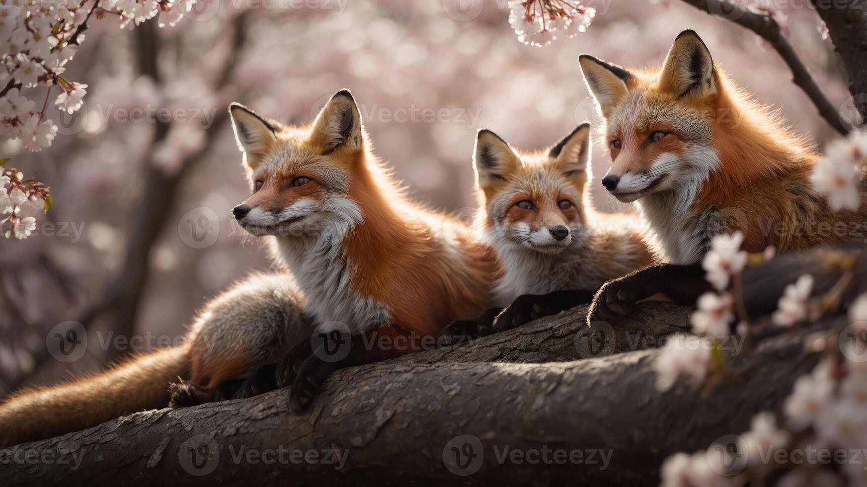 Three foxes resting on a tree branch amidst blooming cherry blossoms. photo