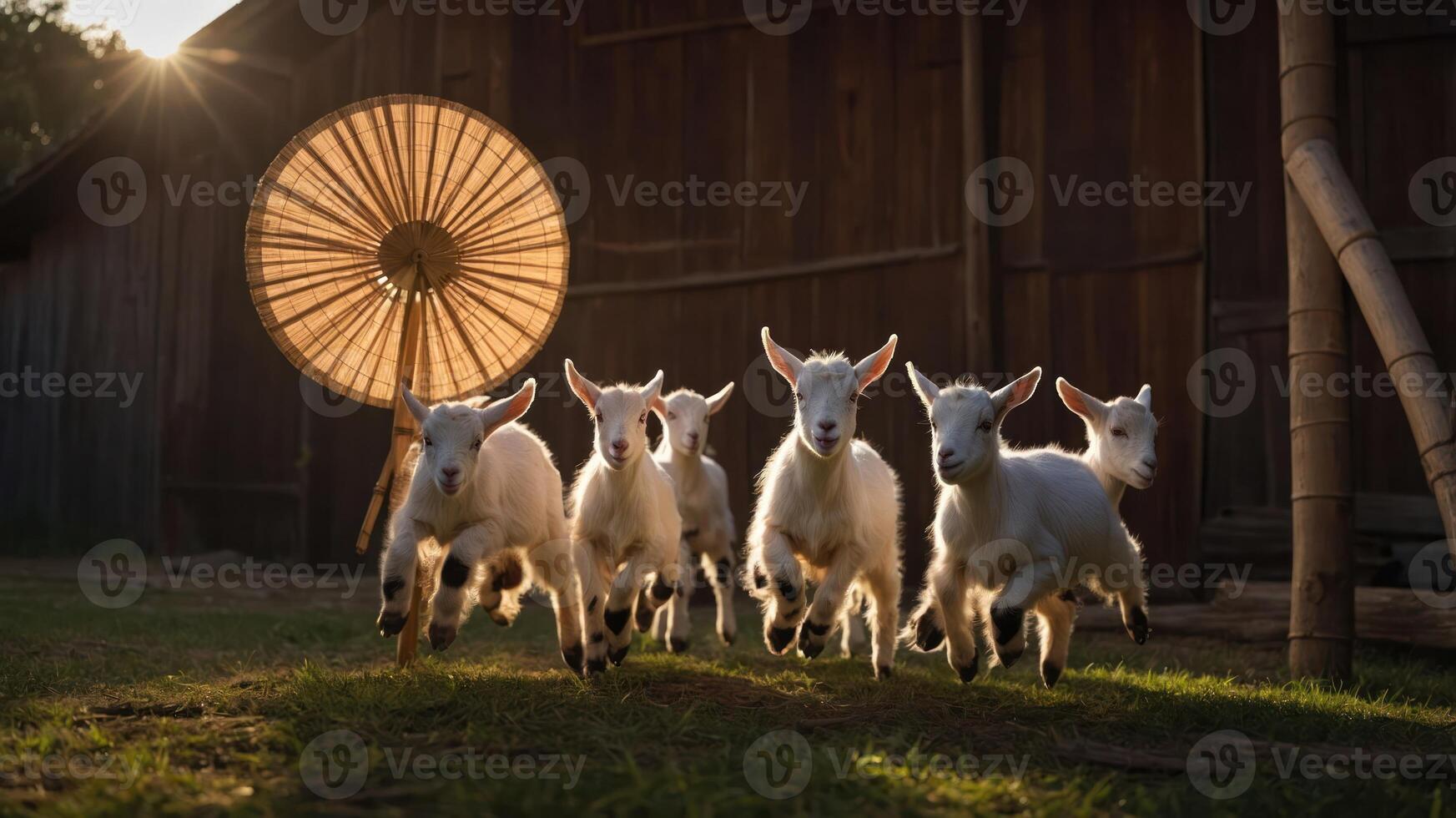 Five playful goats running in a sunlit field near a rustic wooden structure. photo