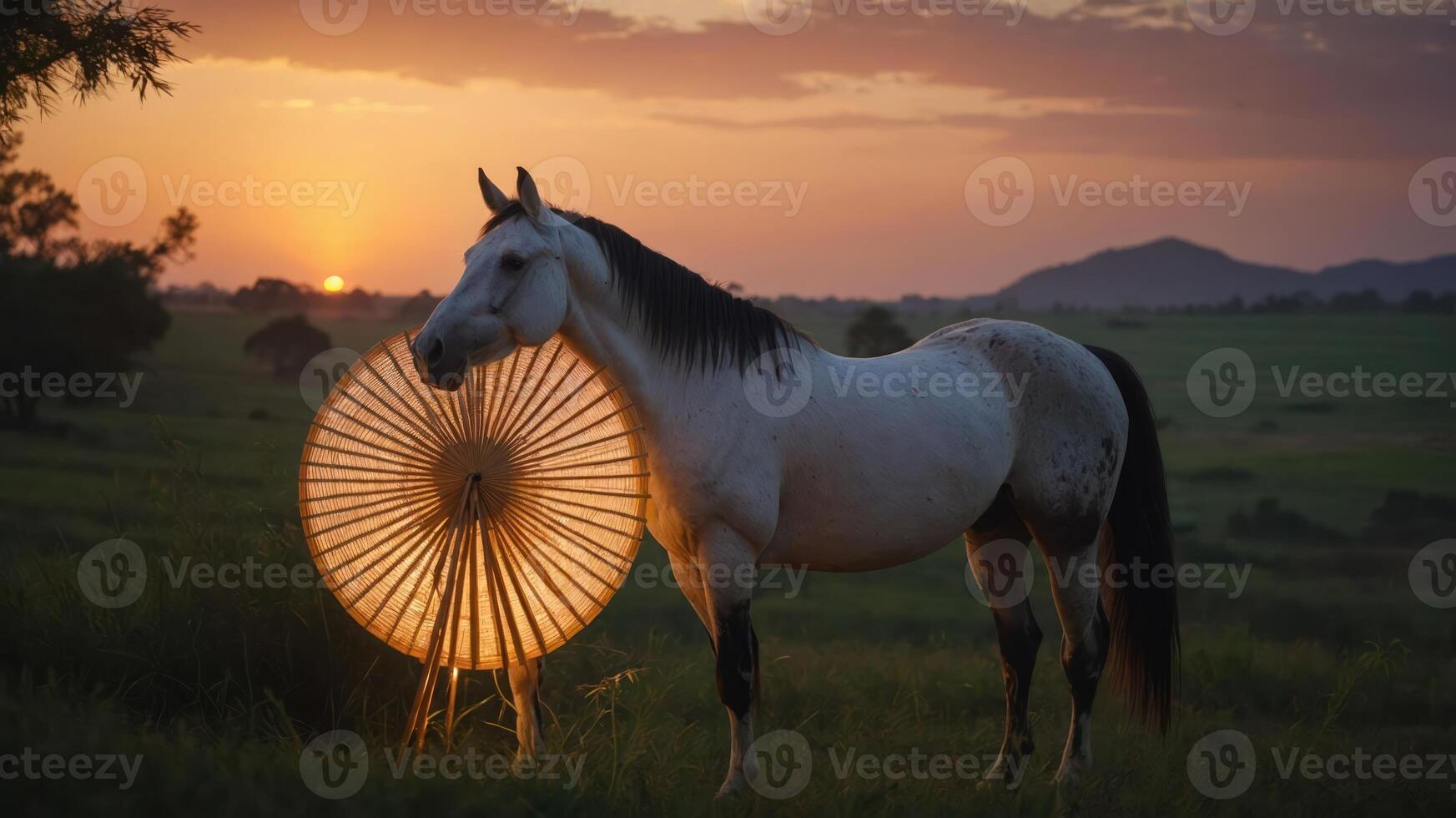 A serene horse stands beside a glowing umbrella at sunset in a tranquil landscape. photo