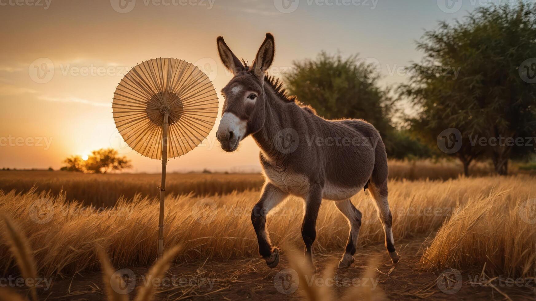A donkey walks through golden wheat fields at sunset, with a decorative fan in the background. photo