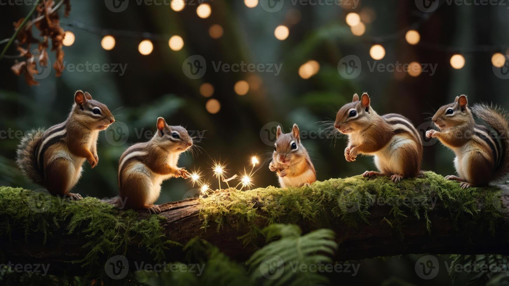 Five chipmunks play with sparkler lights on a mossy log in a forest setting. photo